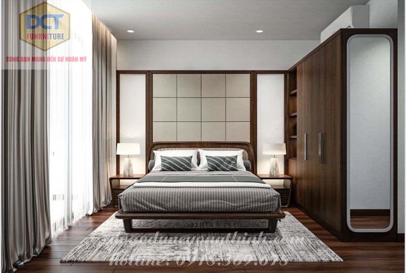 Phòng ngủ được trưng bày đầy đủ tiện ích của 1 phòng ngủ: giường ngủ, tủ áo, tủ đầu giường